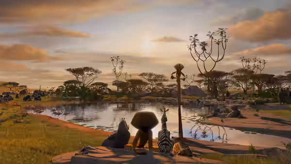 Alex, Marty, Gloria and Melman watch the sunset across a watering hole