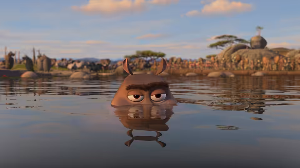A hippo peeks above the water as herds gather along the distant shore