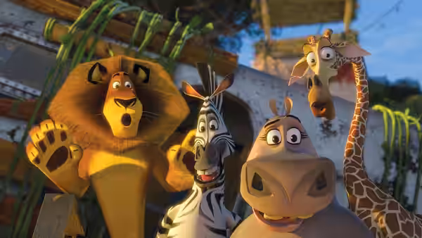 Alex (Ben Stiller), Marty (Chris Rock), Gloria (Jada Pinkett Smith) and Melman (David Schwimmer) look on together