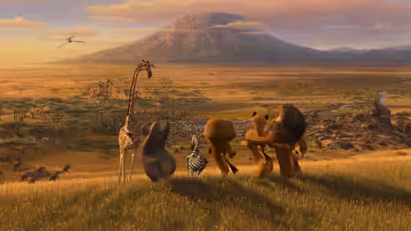 Alex, Marty, Gloria and Melman gaze across the African plain toward a distant mountain