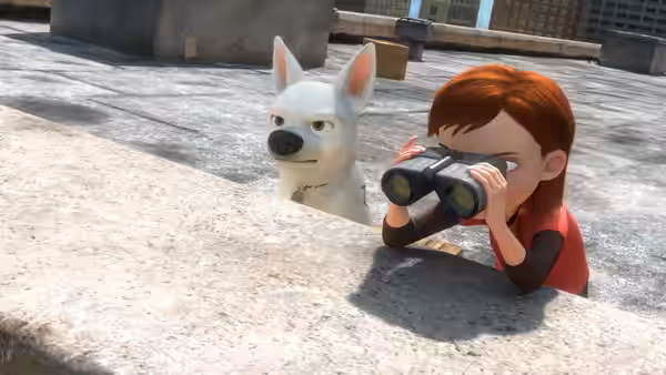 Penny peers through binoculars beside Bolt, both crouched behind a rooftop ledge
