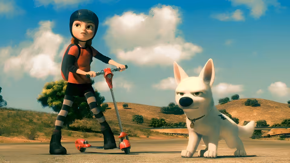 Penny stands beside Bolt on a country road, holding a scooter