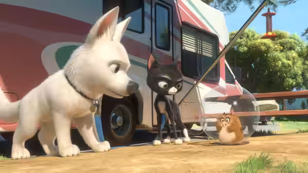 Bolt and Mittens stand beside a trailer while Rhino watches from his exercise ball