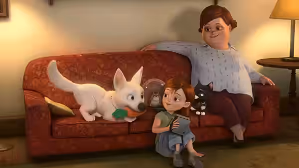 Young Penny hugs Bolt on the living-room floor as her mother watches