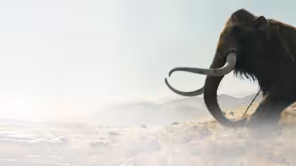 A woolly mammoth emerges through dust on an open plain