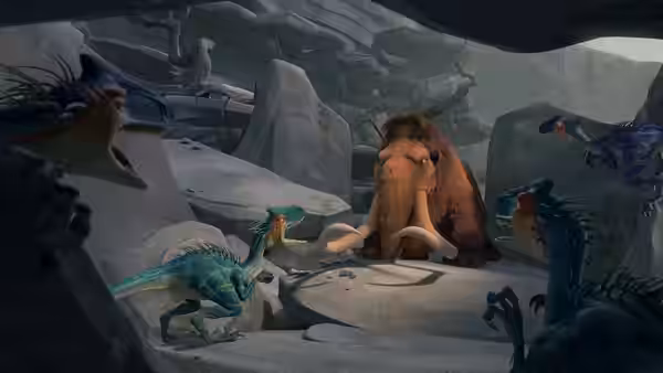 Manny (Ray Romano) stands among dinosaurs in a rocky cavern