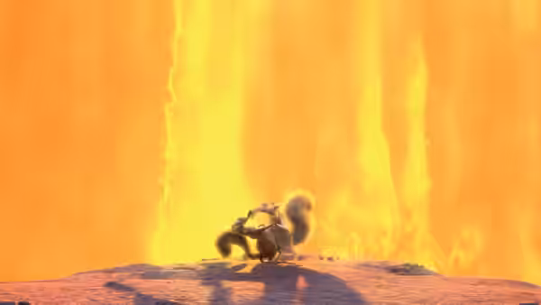 Scrat (Chris Wedge) tussles with another squirrel before a towering lava cascade