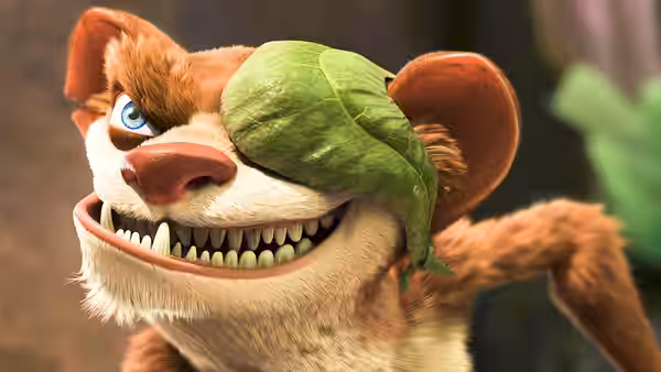 Buck (Simon Pegg) grins beneath a leaf eyepatch