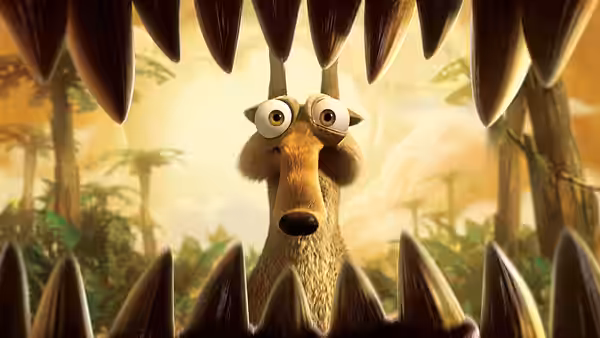 Sid (John Leguizamo) stares between enormous dinosaur teeth in the jungle