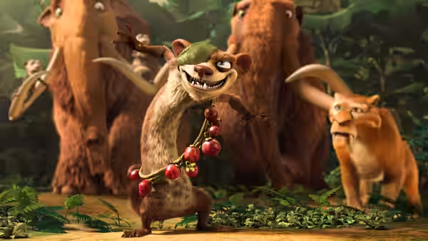 Buck (Simon Pegg) displays a berry necklace as Manny, Ellie, and Diego watch