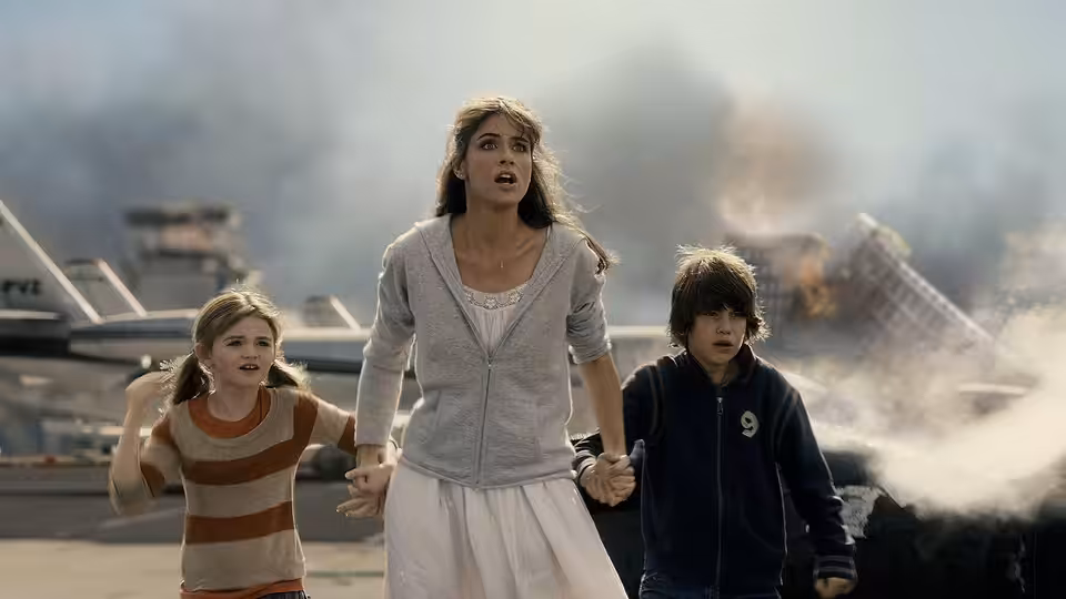 Kate Curtis (Amanda Peet) runs with Lilly and Noah through smoke and airport wreckage