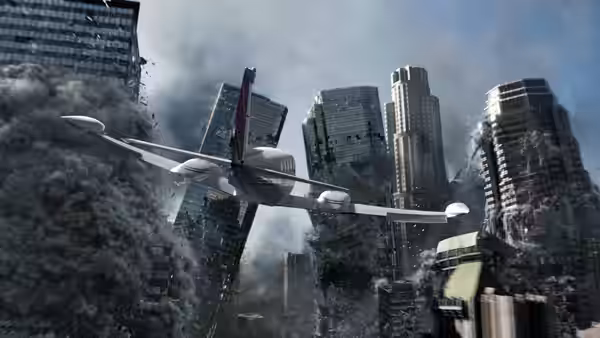 A small aircraft flies between skyscrapers as a wave crashes through the city