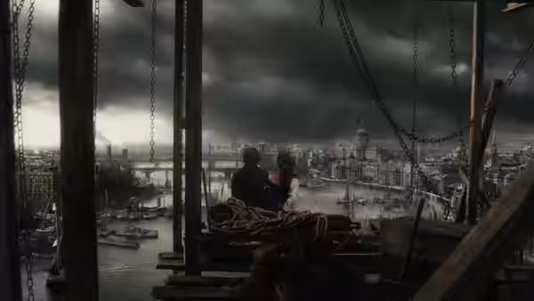 Two men stand on a timber platform overlooking London’s river and rooftops
