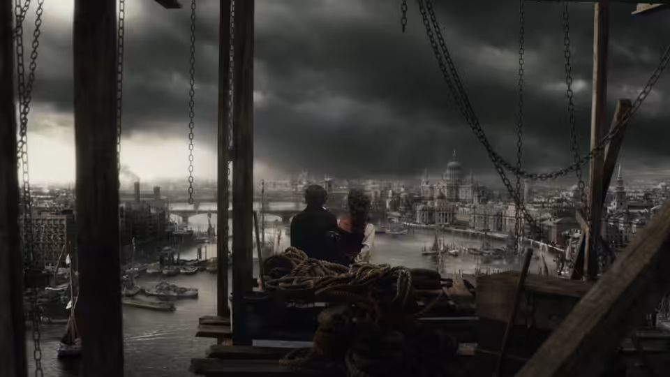 Two men stand on a timber platform overlooking London’s river and rooftops