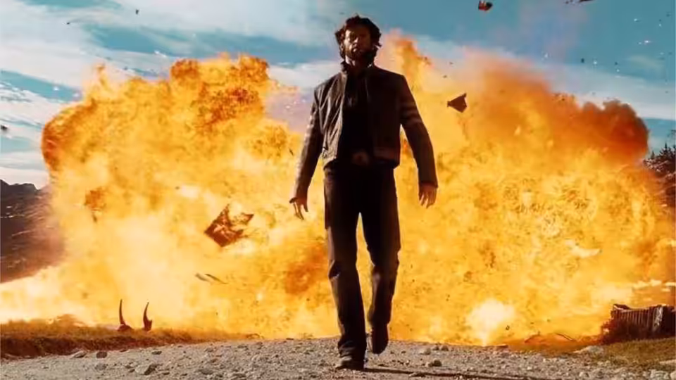 Logan (Hugh Jackman) walks toward the camera as a massive explosion erupts behind him