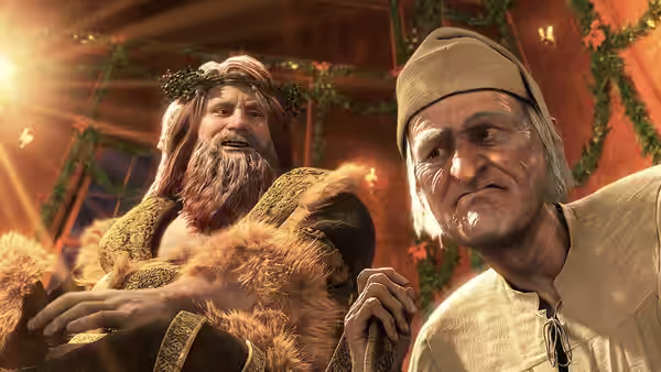 The Ghost of Christmas Present and Scrooge stand together in a festively decorated room