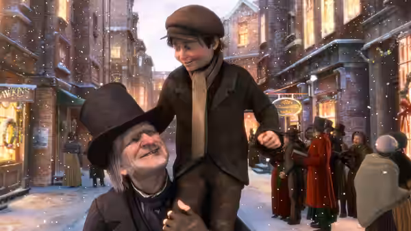 Fezziwig (Bob Hoskins) carries a boy on his shoulders through a snowy street