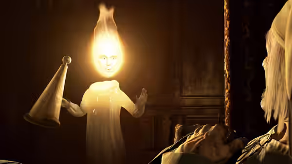 The Ghost of Christmas Past holds a candle beside Scrooge in bed