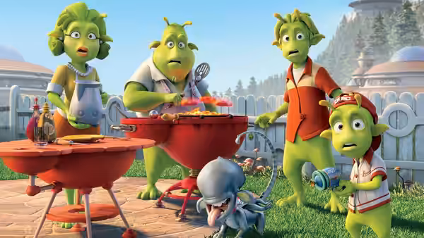 Lem and several green residents gather around backyard grills as a small robot approaches