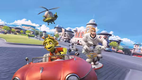 Lem (Justin Long) drives a red car as Chuck (Dwayne Johnson) runs beside him