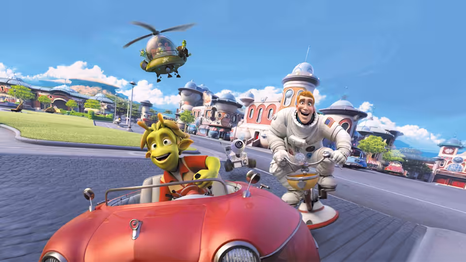 Lem (Justin Long) drives a red car as Chuck (Dwayne Johnson) runs beside him
