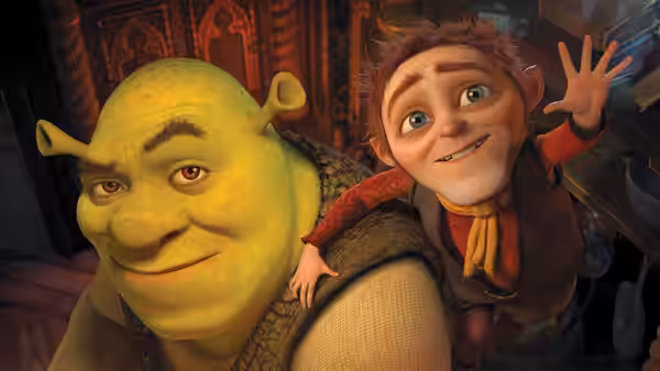 Shrek carries Rumpelstiltskin on his back as he waves