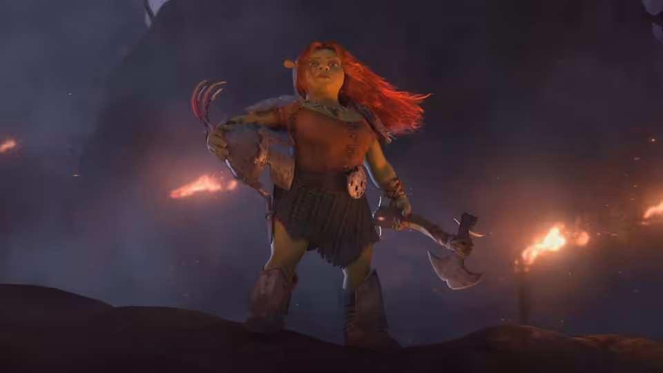Fiona stands armed with an axe and claws amid smoke and fire