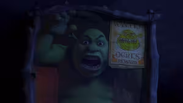 Shrek looms behind a wanted poster offering a reward for ogres