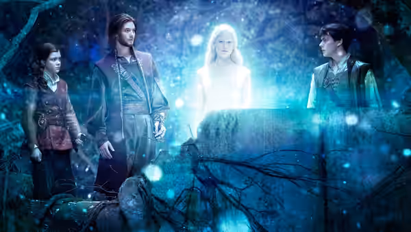 The White Witch appears glowing before Lucy, Caspian and Edmund in a dark forest