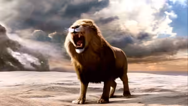 Aslan roars on a pale shore beneath a turbulent sky