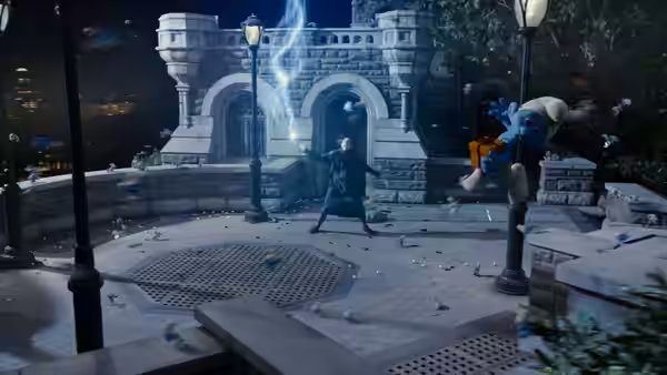 A wizard casts a bolt of magic as a Smurf flies across a stone plaza
