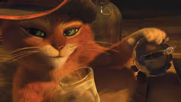 Puss in Boots pours a drink while holding a small bottle