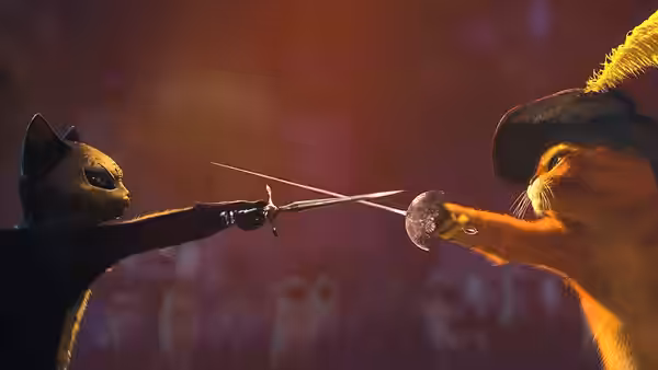 Kitty Softpaws and Puss in Boots cross swords during a duel