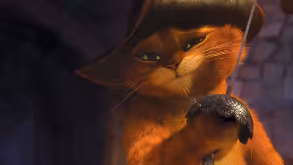 Puss in Boots holds a sword close to his face