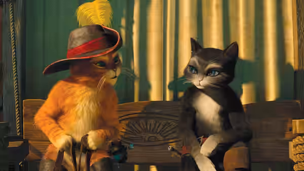 Puss in Boots and Kitty Softpaws sit together on a wooden bench