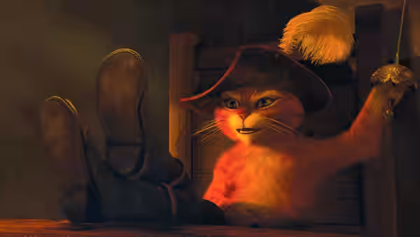 Puss in Boots reclines in a chair, raising a bottle with one paw