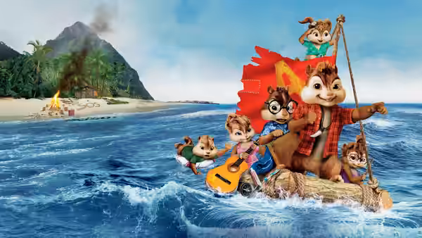 Alvin and the Chipmunks cling to a makeshift raft drifting away from a tropical island