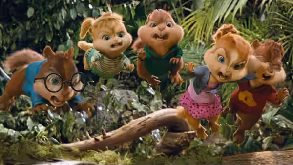 Simon, Theodore, Alvin and the Chipettes hurry through dense jungle undergrowth