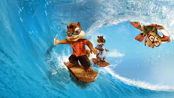 Alvin surfs a breaking wave as Simon rides behind him and another Chipmunk tumbles through the air