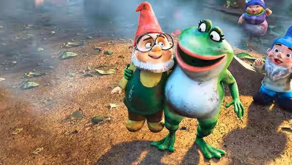 A garden gnome stands arm-in-arm with a smiling frog among scattered leaves