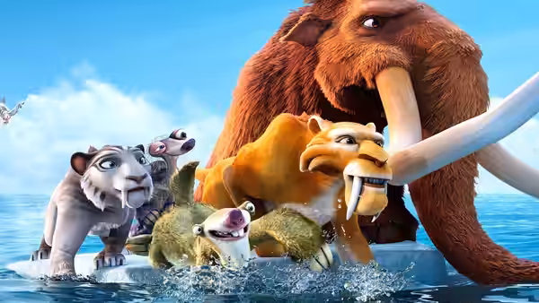 Manny and his companions crowd together on a floating ice floe