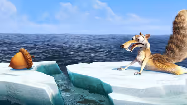 Scrat reaches across a crack in the ice toward an acorn