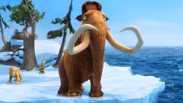 Manny stands on an ice floe while Diego and Sid watch from shore
