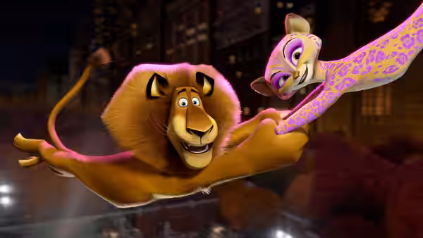 Alex and Gia glide together above a city street at night