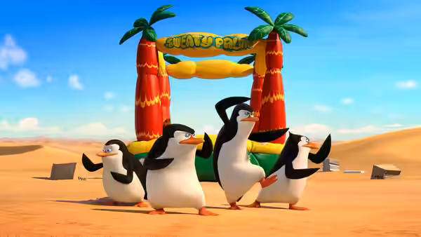 Skipper and the penguins dance in the desert before a circus entrance