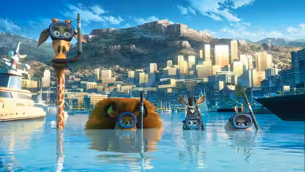 Alex, Marty, Melman and Gloria snorkel in a harbor beneath a coastal city