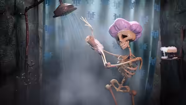 A skeleton wearing a pink shower cap dances beneath a showerhead