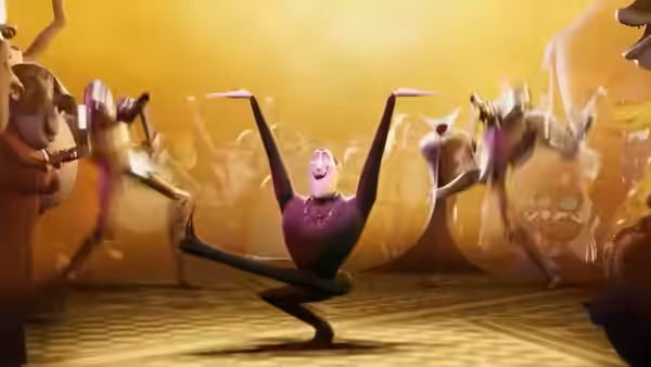 Count Dracula dances with his arms raised before a crowd of monsters