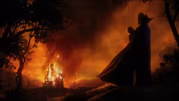 Count Dracula (Adam Sandler) holds a baby while a building burns in the distance