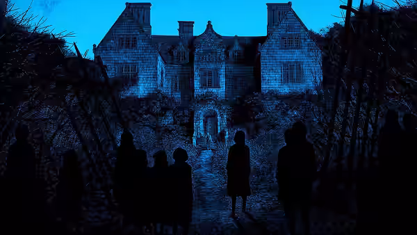 Dark figures gather on a path facing a large manor house at night